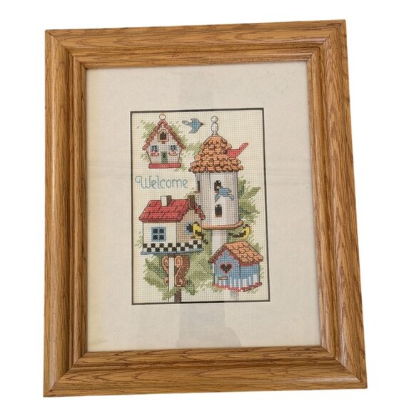 Framed Cross-Stitch Birdhouse Welcome Art In Wooden Frame - Picture 2 of 14